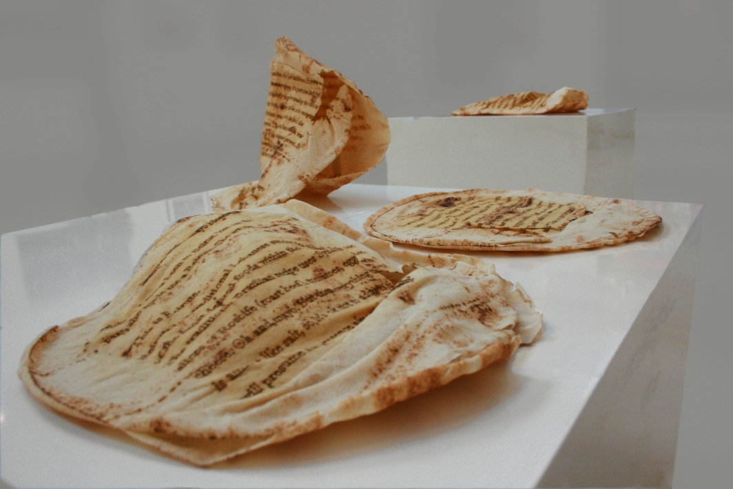  Christine Kettaneh,&nbsp; A Beirute, with a mayo blessing , laser-engraving on bread, 2014. 