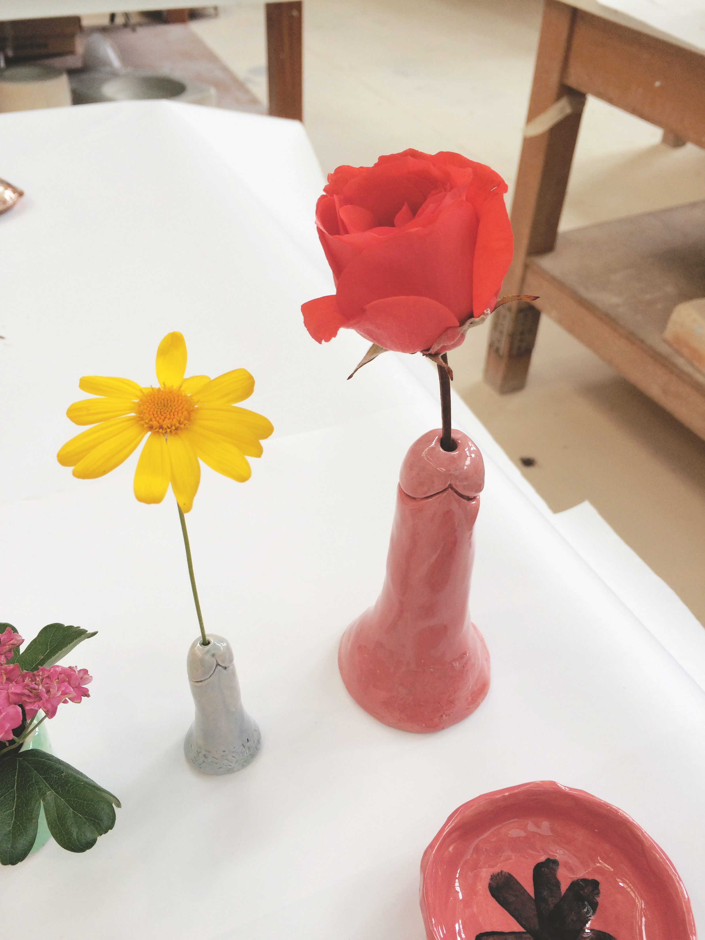 I made a cheeky pair of penis shaped vases for my friend Jaine. I had to get my lovely gay male classmate to help me to form them because the first few I made looked demented.