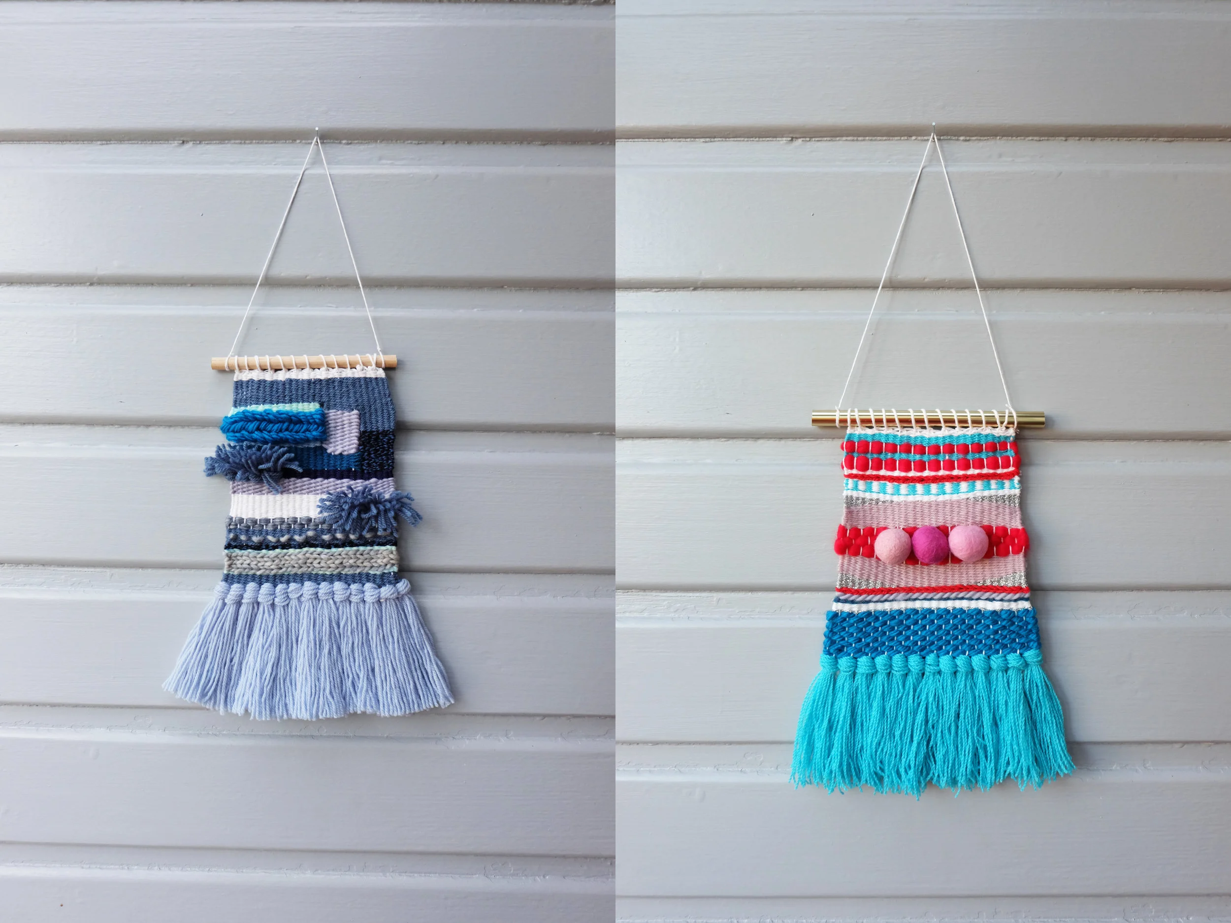 Left: Deviating from my apparent favourite colour schemes, a weaving in blue for my Mum for Christmas. Right: A weaving for my lovely coworker Aishwarya for her birthday. I used some of the felt balls I made way back when I was pregnant. Remember when I didn't make a felt ball rug ? 
