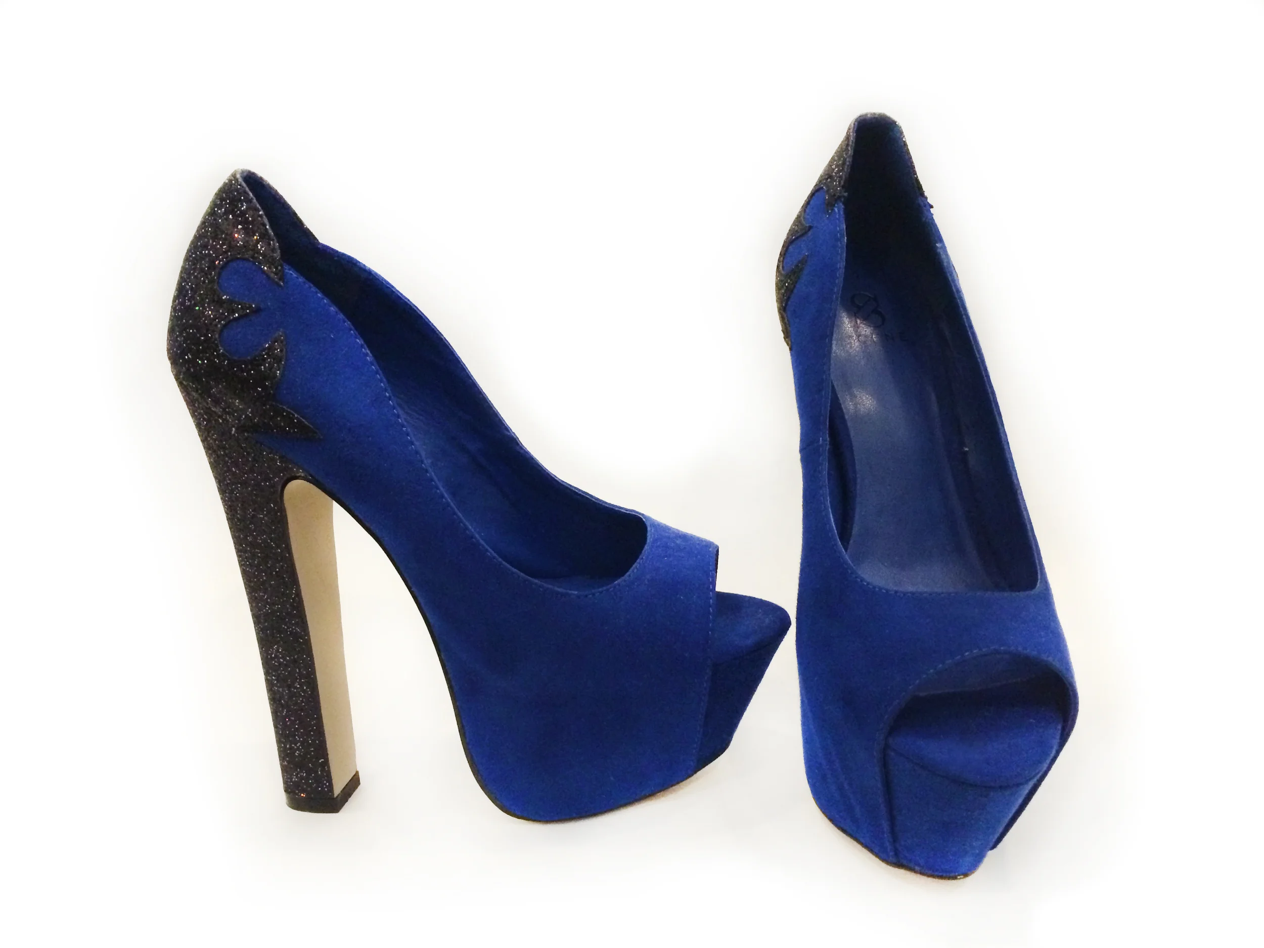 Blue Suede Peep Toe Pumps with Glitter Detail