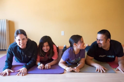 “Family yoga helps us appreciate togetherness, hilariousness, challenge, and small victories like touching your toes or doing a handstand. Yoga doesn’t have to be vinyasa after vinyasa. There are so many yoga approaches that can be mixed creatively to make a great and unique session. We made up some new family asanas, like 'angry snail' (pictured) and 'stacked up down dog.'"- The Simian Family (Photo by Eva Lin Douglass)
