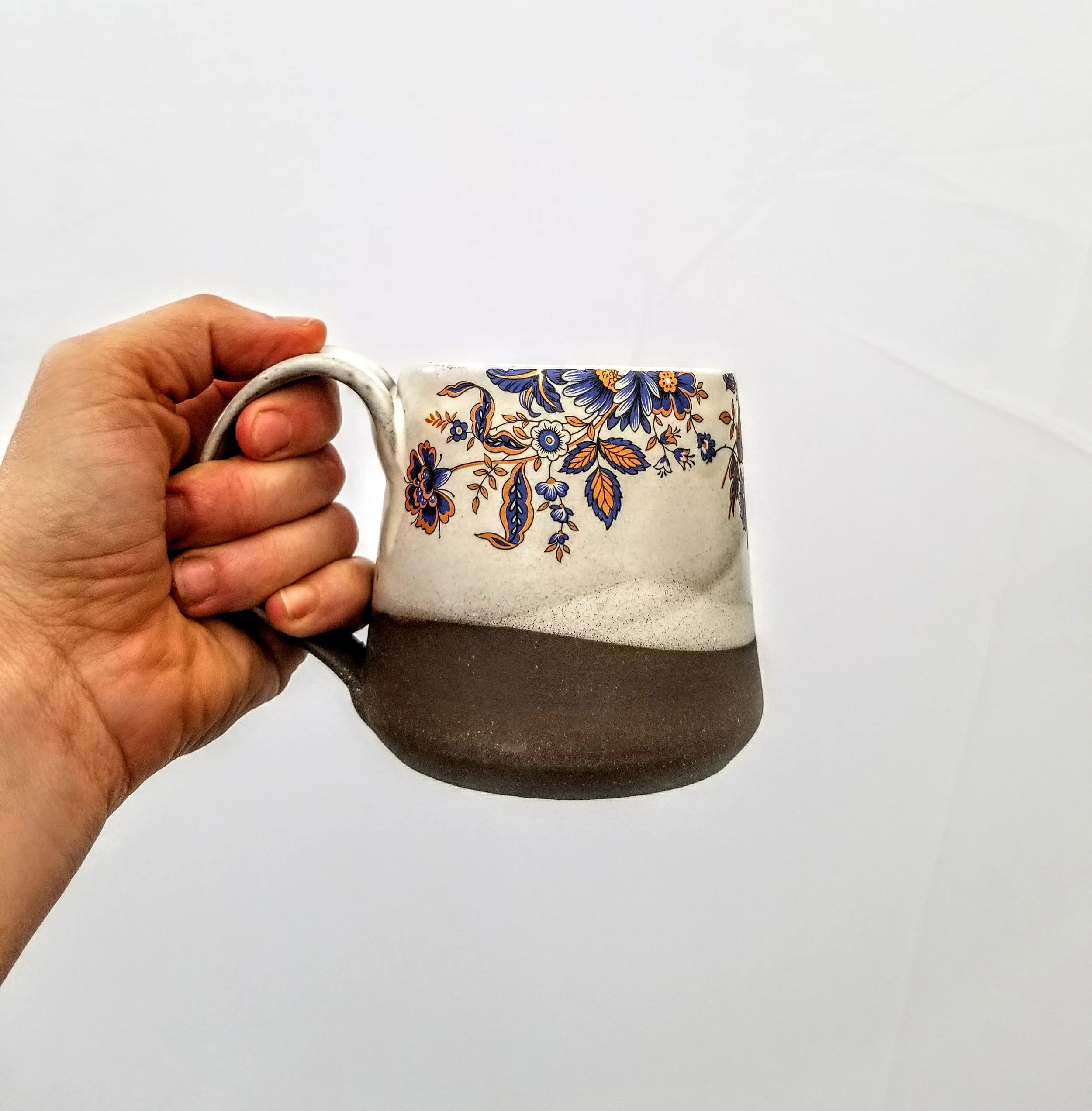 Royal Blue & Bronze Floral Mug in White - $39