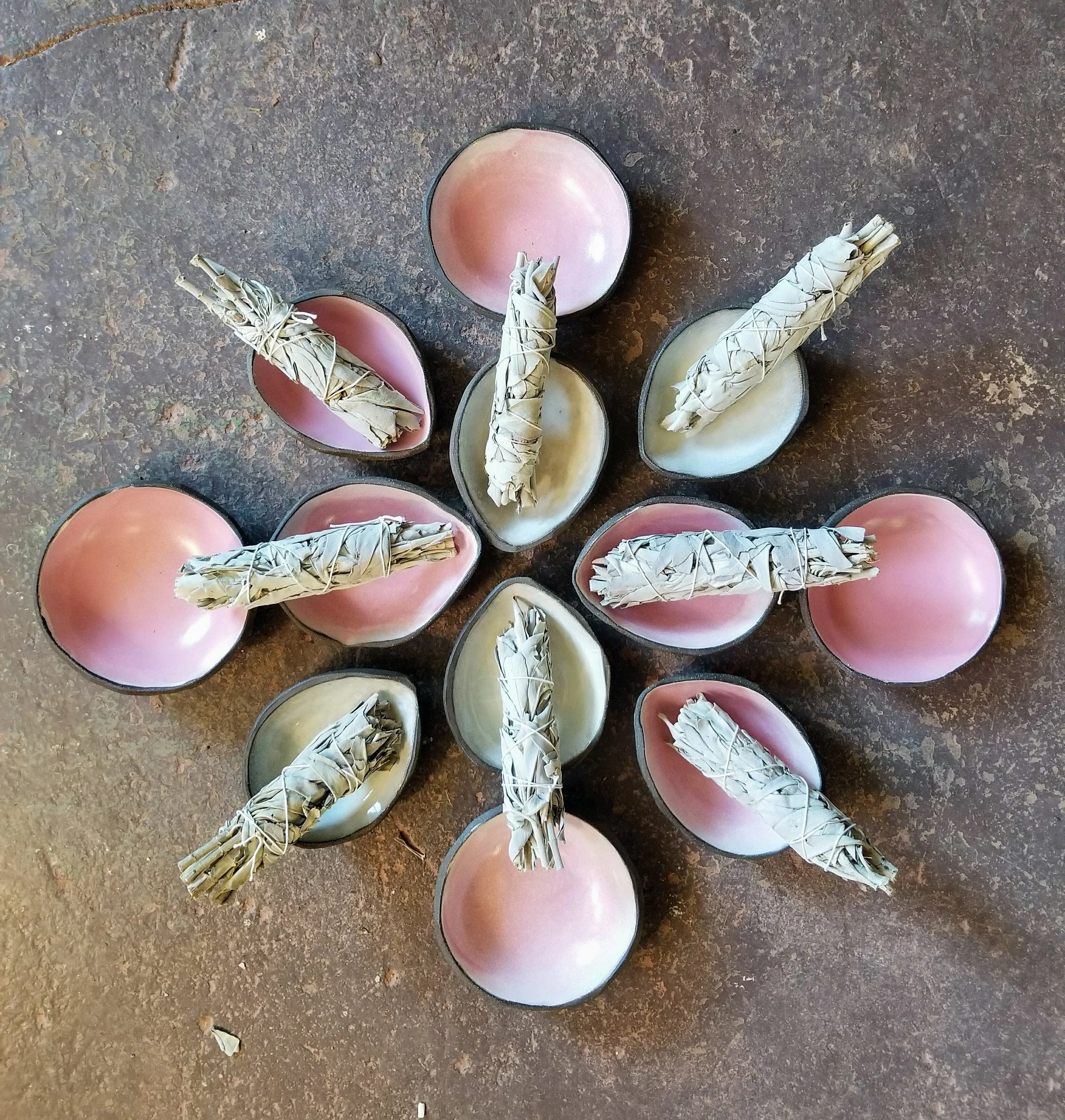 seed pods and salt bowls in Pink & White - $16 / Sage Burner Sets - $20