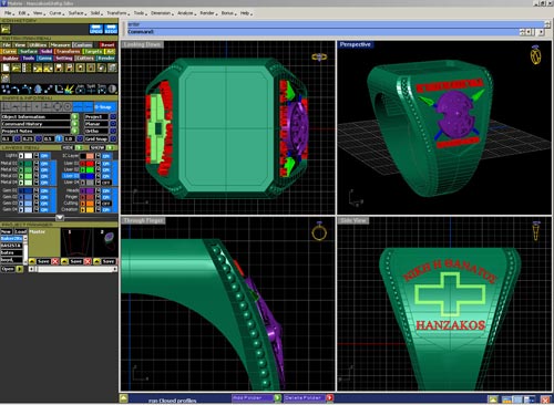 This is a screen shot showing the creation of most of the components to the ring our customer desired. This base of the ring was created using our "state of the art" CAD/CAM system. The figure of King Leonidas was carved by hand and sections of the ring were enameled.