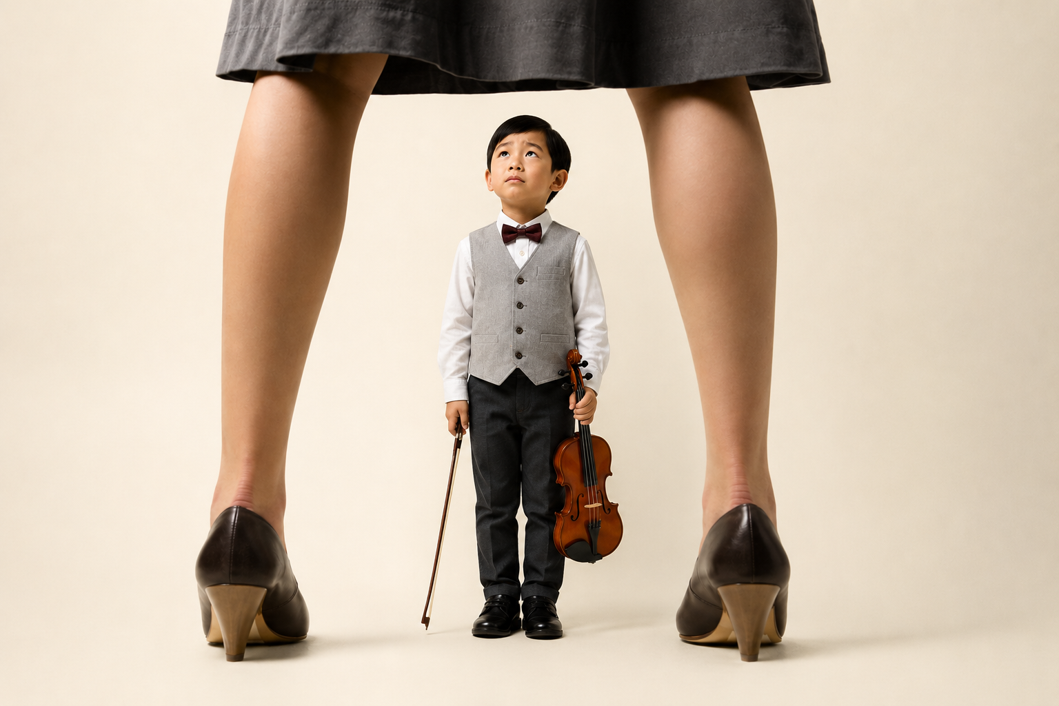 Asian-American child musician experiencing performance anxiety and achievement pressure, reflecting themes of perfectionism, tiger parenting, and intergenerational trauma