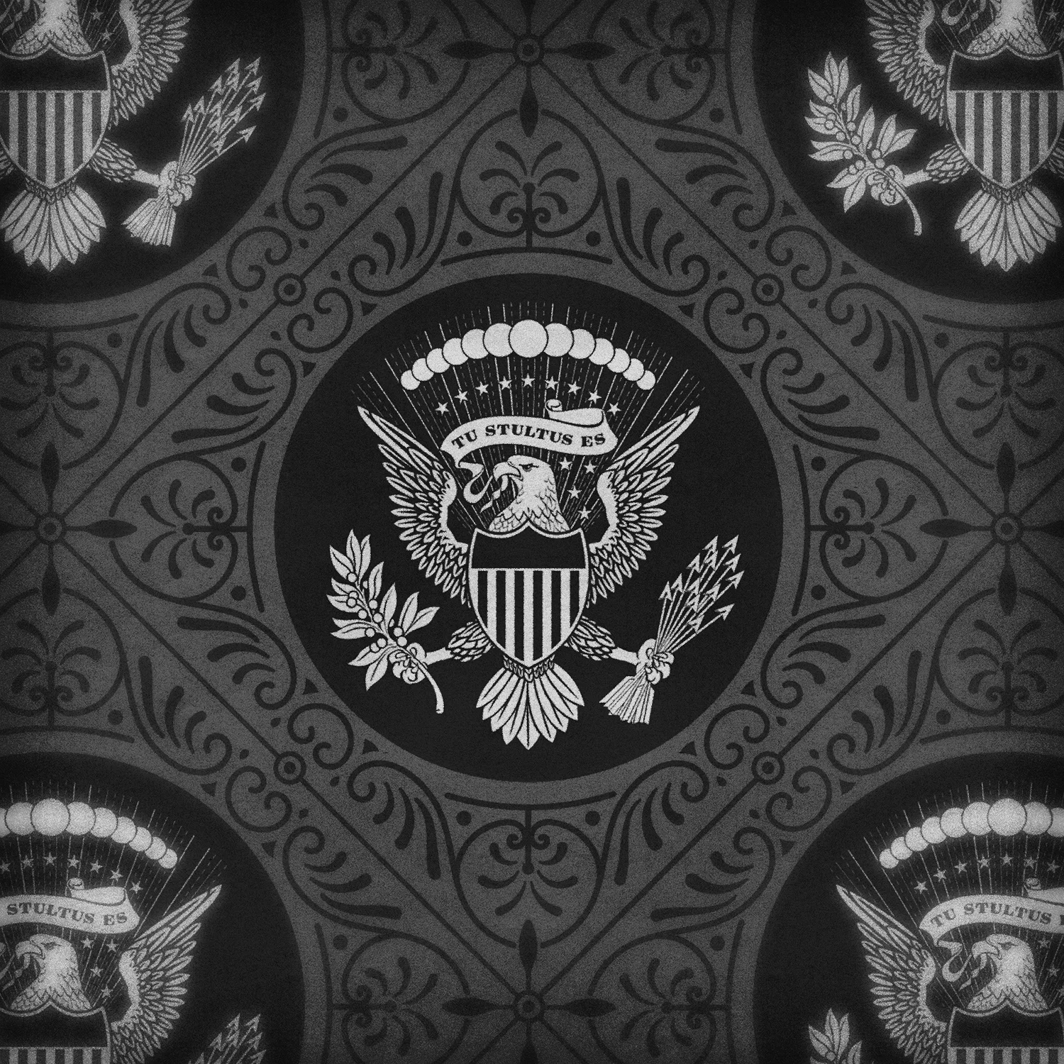 Here's a detail of the endpaper pattern with a Latin phrase that translates to “You're an Idiot.”