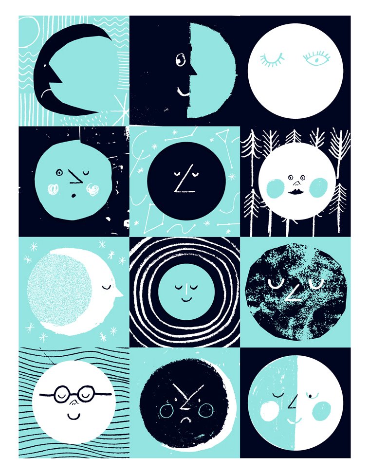Twelve moons. Луна Графика. Луна дизайн. Фазы Луны цветной принт. Арт несколько лун Графика.