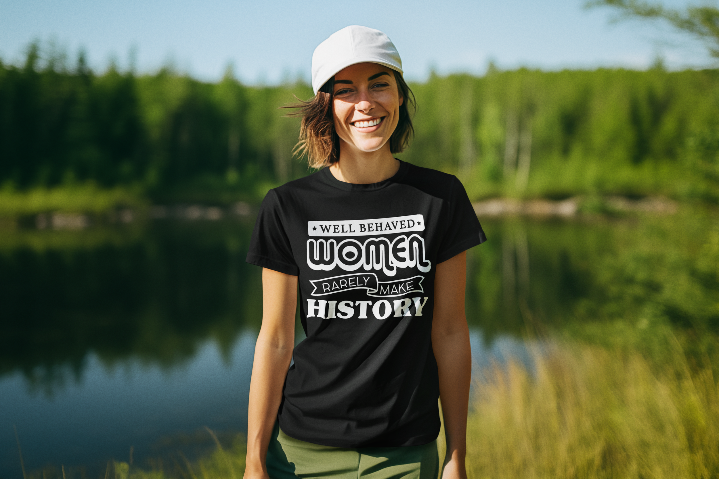 round-neck-t-shirt-mockup-of-an-ai-created-woman-posing-against-a-lake-m36066.png