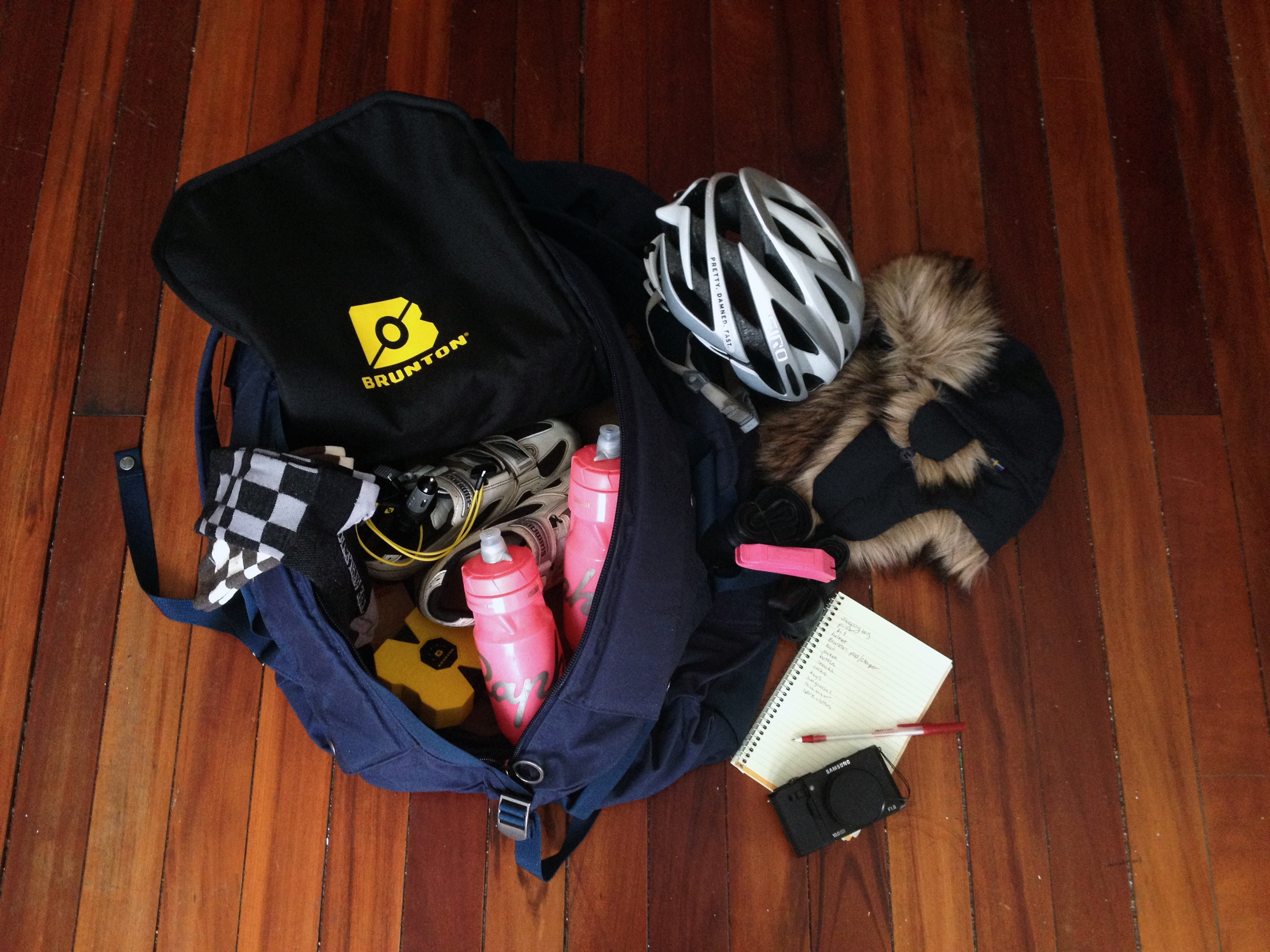  Brunton Heatsync Mat to keep my sleeping bag warm, Velo Check Wool Socks for dry feet, Brunton Revolt 9000 to charge my phone without an outlet, Rapha Water Bottles, Mountain Bike Shoes, Giro Helmet, Fjallraven Nordic Heater Hat to keep my head warm, Samsung Camera, Tire Levers, Spare Tubes, and more all were packed into this, thankfully huge, Fjallraven Duffle that you can wear as a backpack!
