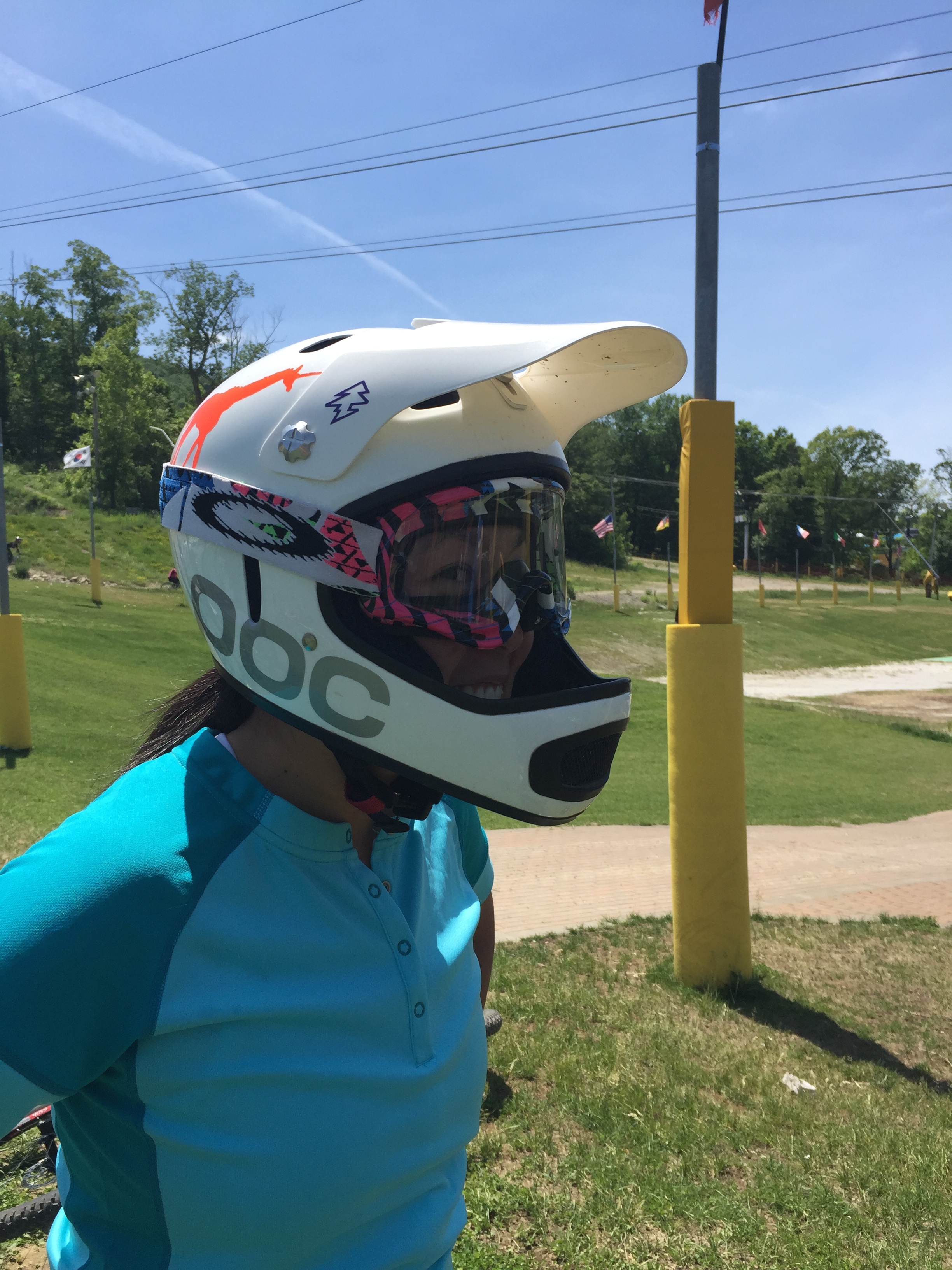 FYI roadies, youre probably gonna new some new gear! Lucia models a downhill helmet.