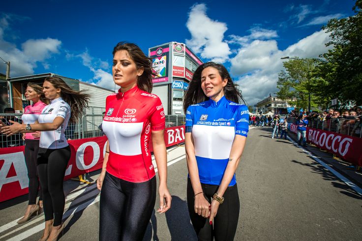At the finish line in Viggiano, the podium girls at the 2014 Giro d'Italia were outfitted in sexualized versions of cycling kits. Photo by Brake Through Media