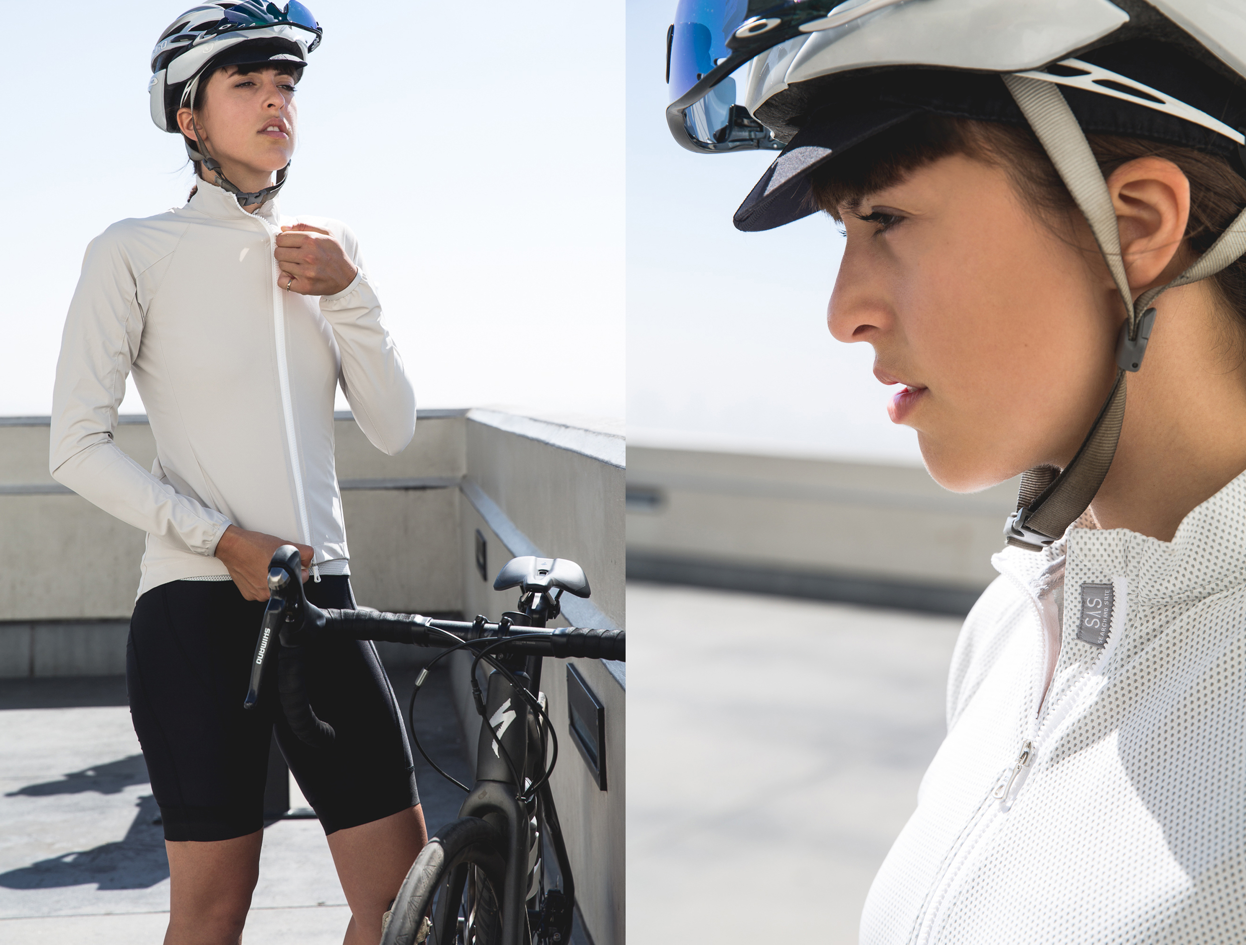 Tayler is wearing the S1-J Jacket in sandstone and S1-A Jersey in White