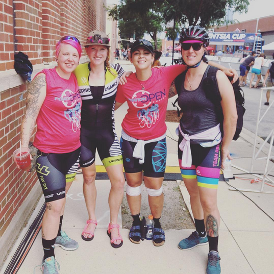 Andrea with Tiana Johnson, Beth Franklin, and Chelsea Matias at Fyxation Crit last July.