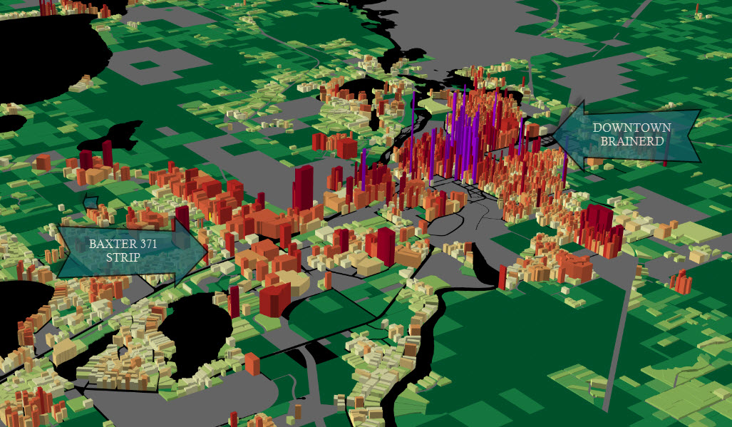 This is a map of value per acre for each property in Brainerd and Baxter. The higher the rise, the greater the financial productivity. Brainerd has not had the growth that Baxter has had, yet the tax base in its core neighborhoods is for more financially productive. The auto-oriented development pattern might create quick growth, but it doesn't create enduring wealth. Analysis by Urban-3 .