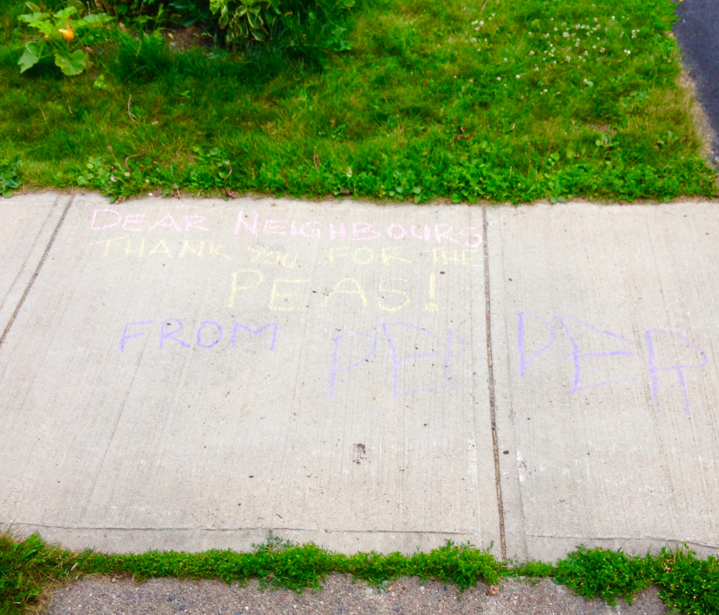 "Dear Neighbours, Thank you for the Peas."