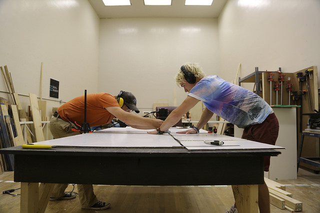 Two of five people using the woodshop on a Thursday afternoon.