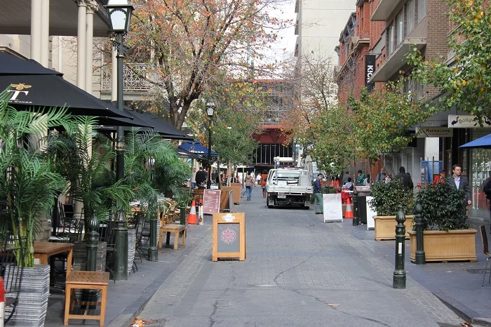 A bustling commercial shared street in Adelaide, South Australia. Drivers of large vehicles may complain that the street does not accommodate for them