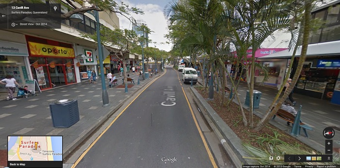 A nicely designed segregated street in Surfers Paradise, Queensland. Enough traffic to warrant segregating vehicular traffic, while keeping most of the space allocated for people, with fine-grained destinations you actually want to walk to at street level