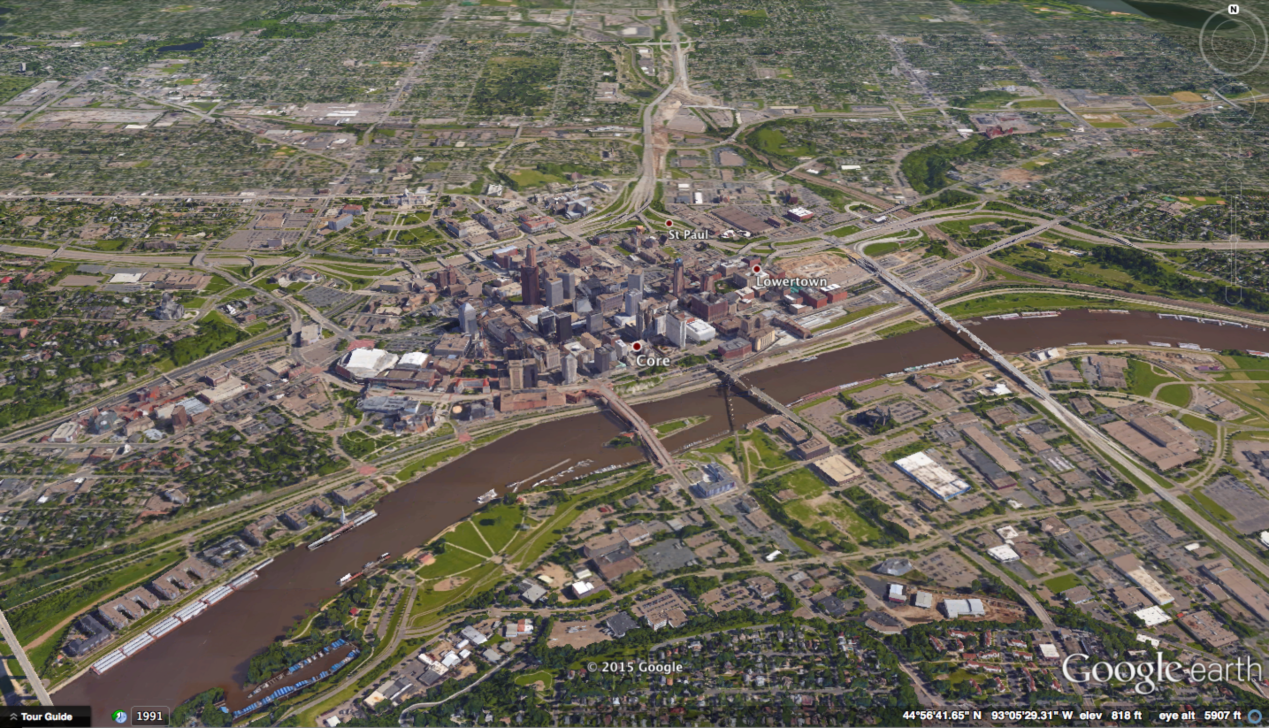 Downtown St. Paul as seen in Google Earth. The Mississippi River flows left to right in the image.