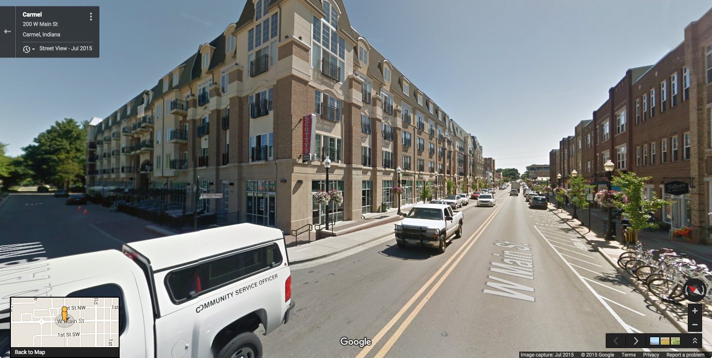 An attempt in Carmel, IN to urbanize. They ended up with large buildings taking up entire city blocks, with the city going broke in the process to subsidize it all. Urban development, because of its compact nature relative to suburban development, should be cheap.