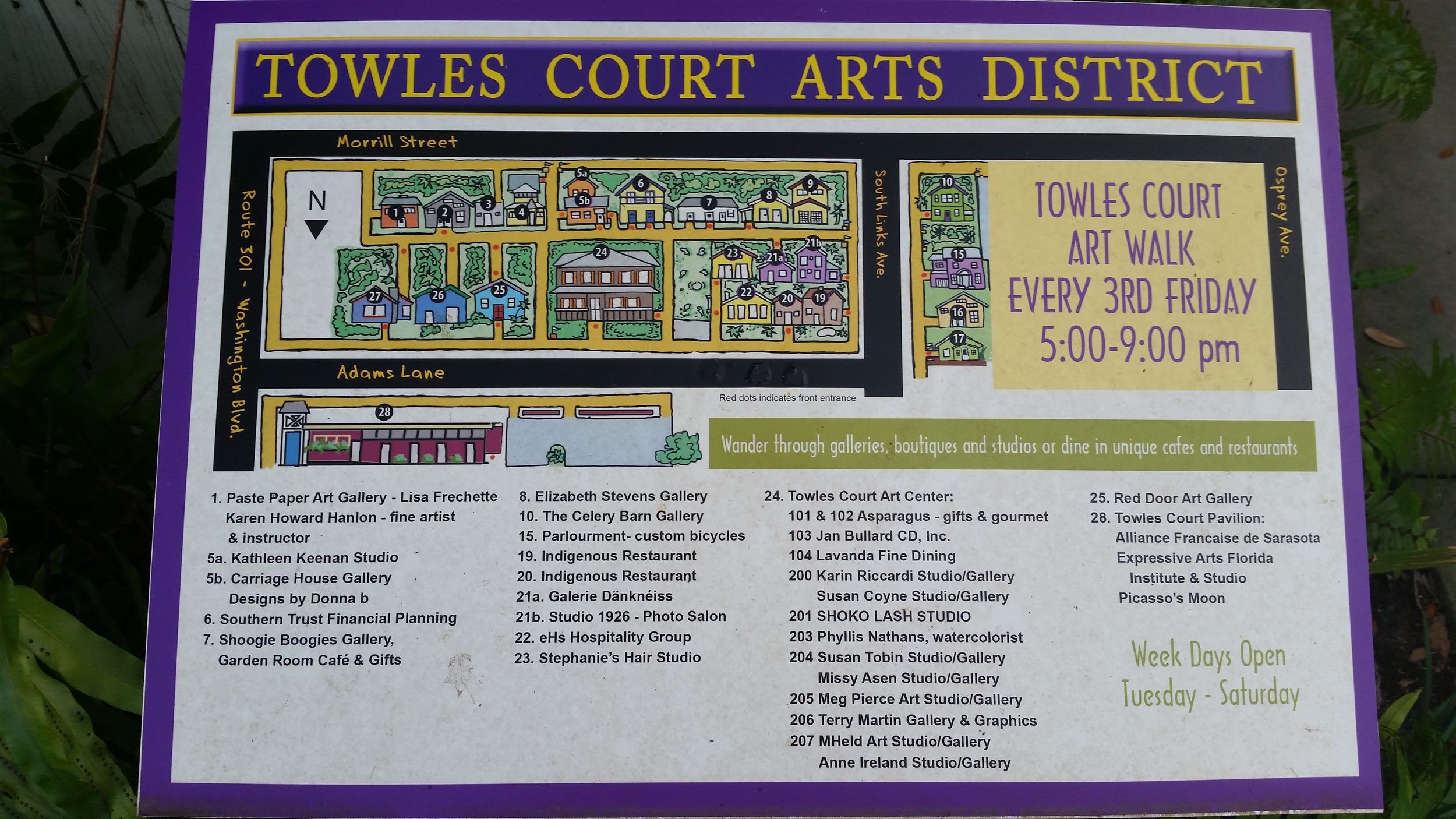 A map of the district posted near one of the entrances. The yellow paths are all pedestrian-only.