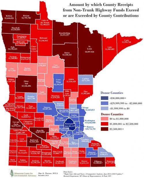 Why would major urban areas -- starved for transportation revenue -- continue to support an auto-dominated funding system that sends their wealth to rural areas? Click map for the entire story from Streets.MN.