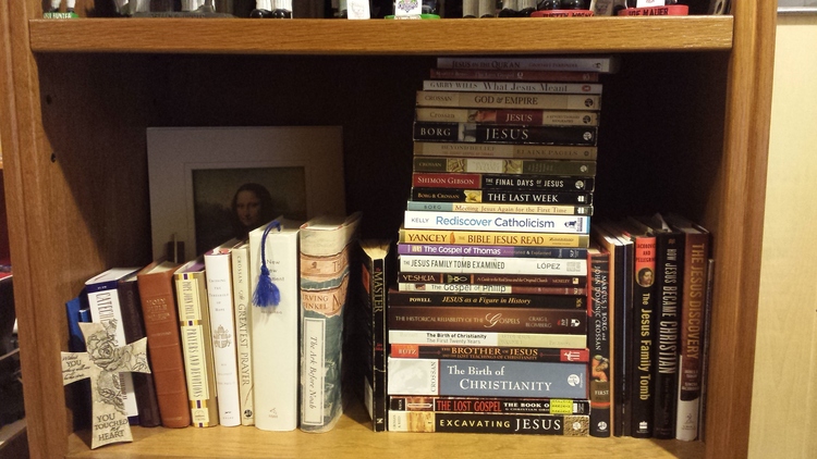 The bookshelf next to the desk I'm currently writing on, one of dozens in the house but this one focused on a particular interest of mine.