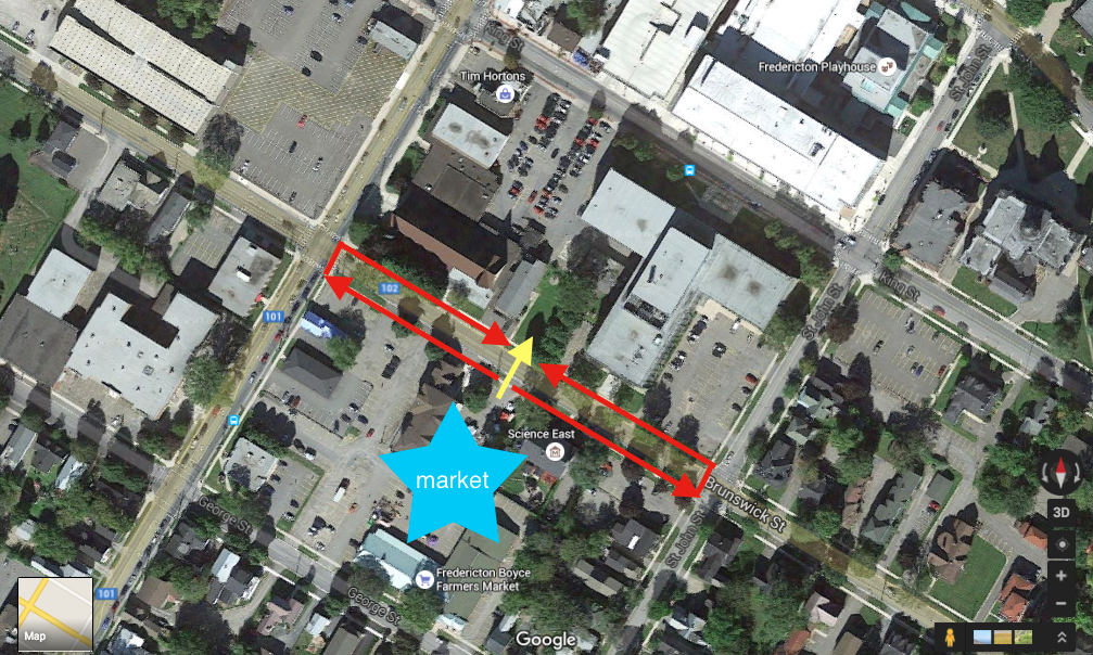 The yellow represents where people cross. The red represents the detour required to cross at a marked crossing.