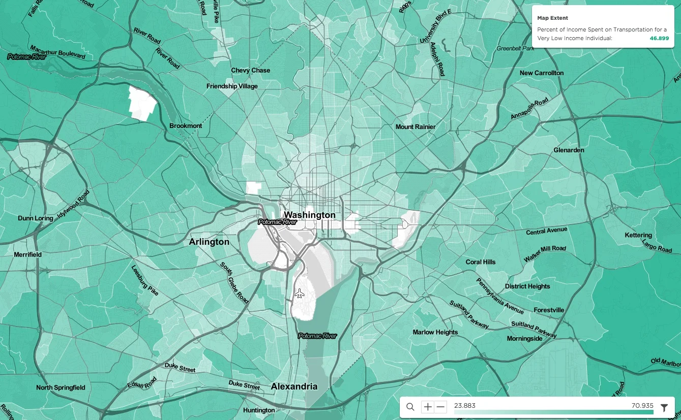 Percent of income spent on transportation for a very low income individual in Washington, D.C. metro. Source: Visualized in the mySidewalk platform, information from U.S. Department of Housing and Urban Development (HUD) and the U.S. Department of T…