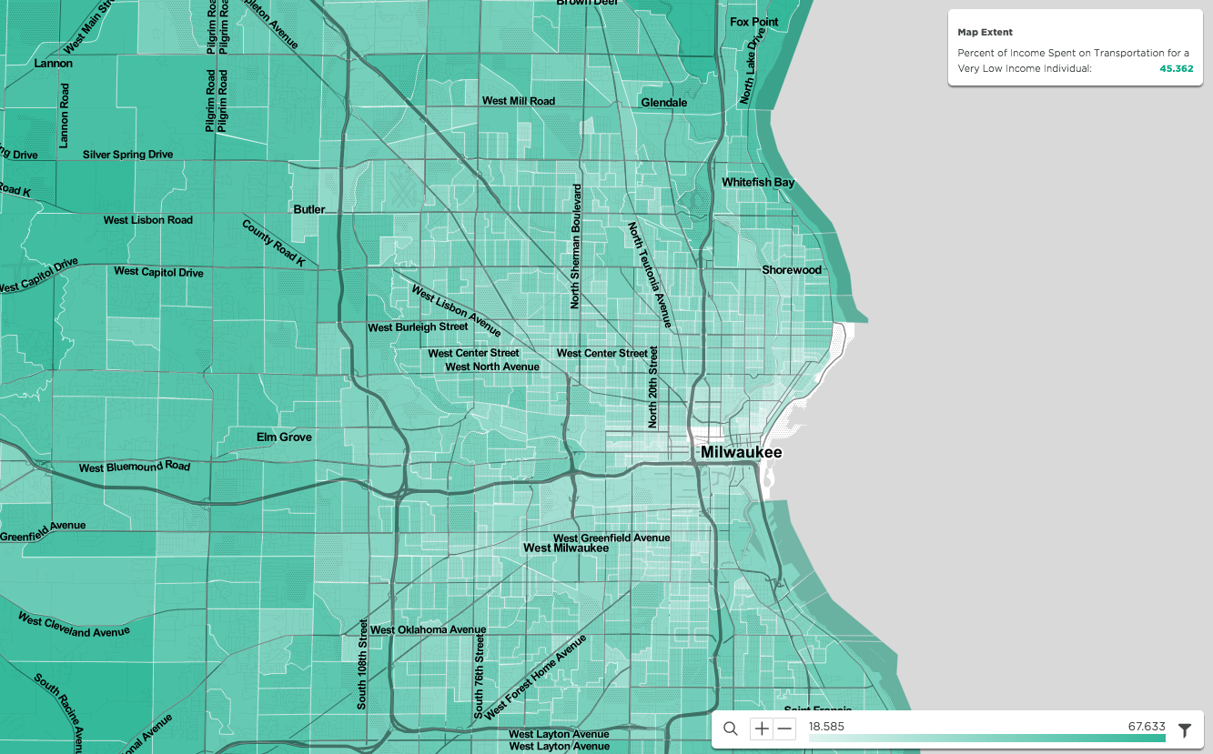 Percent of income spent on transportation for a very low income individual in Milwaukee, WI. Source: Visualized in the mySidewalk platform, information from U.S. Department of Housing and Urban Development (HUD) and the U.S. Department of Transportation (DOT): Location Affordability Portal, Version 2: Location Affordability Index .