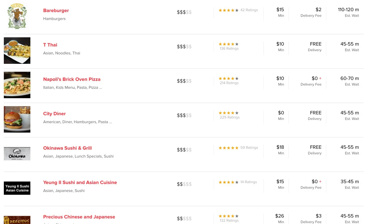 Seemless showing me a list of place that will deliver to me.