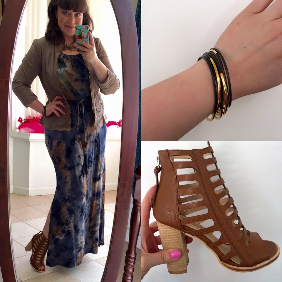 Suzanne models some of the clothing and accessories available in her store