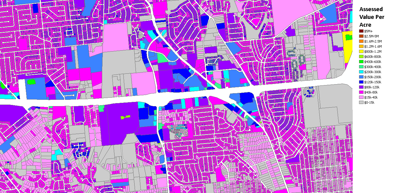 Land productivity (value per acre) around the new Metro North County Transit Center. (Visualization by Richard Bose)