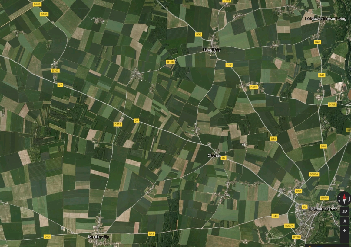 French villages and agriculture, south of Paris. (from Google maps)