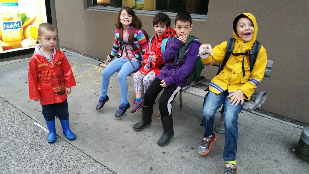 All the nerds waiting for the bus at the stop across the street from our building.