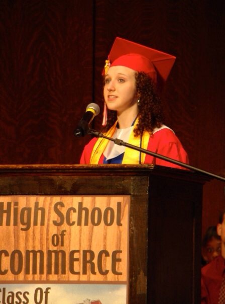The author's daughter, Xela, speaking at high school graduation