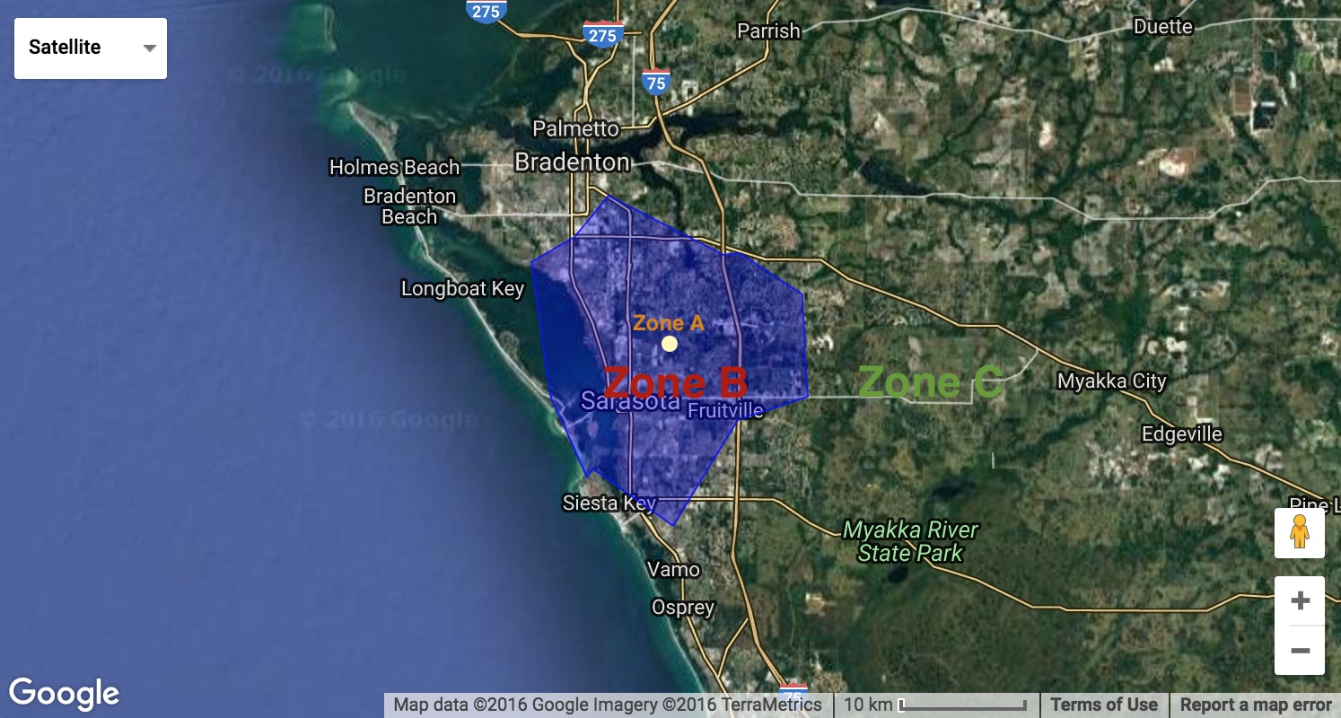 Source: Google. Zone B boundaries creating using FreeMapTools .