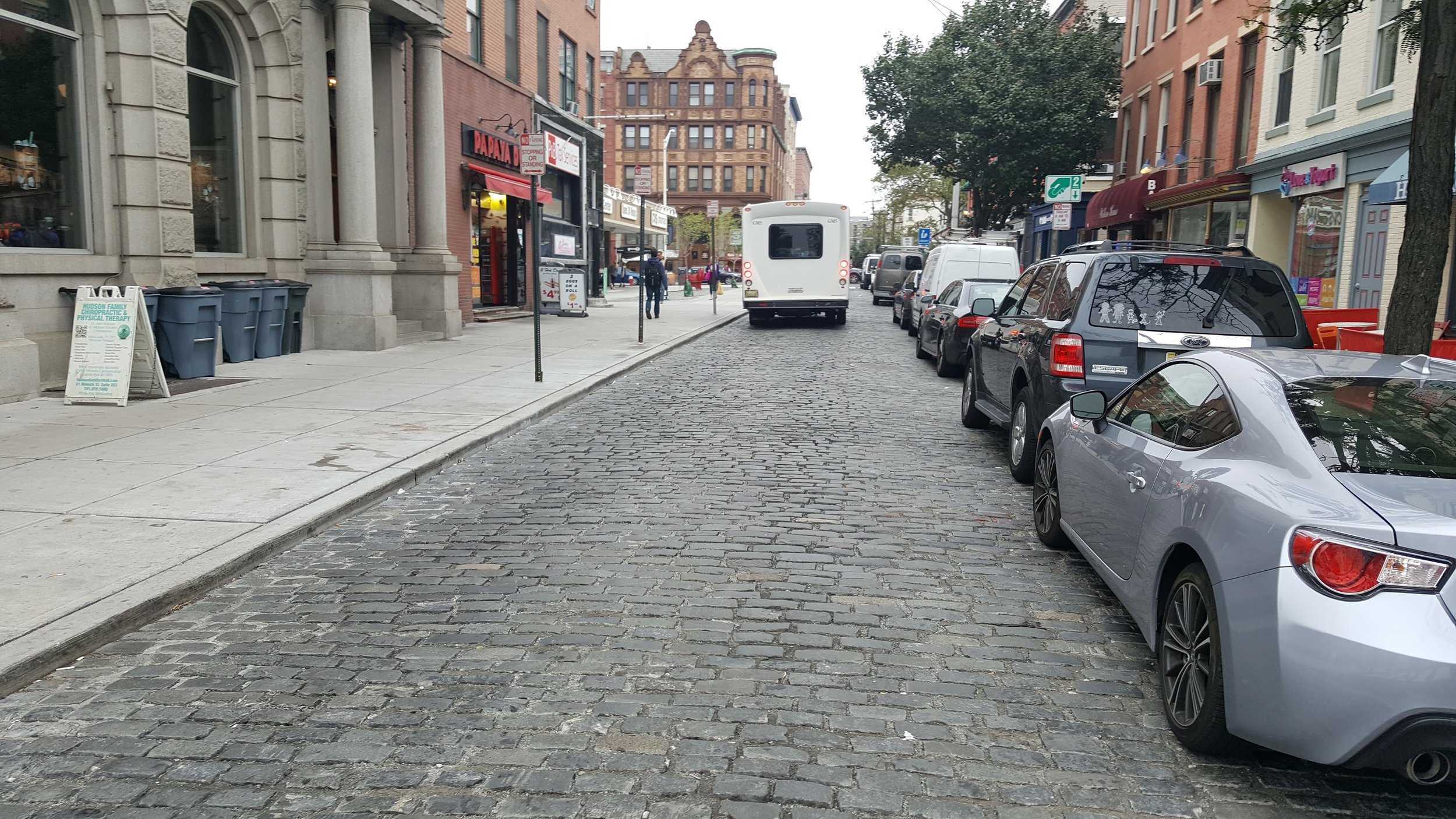 A recently paved segment of Newark Avenue in Belgian block.