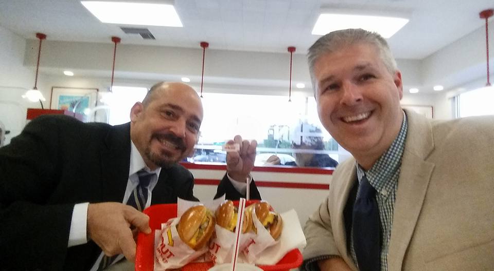 Enjoying In-n-Out burger with one of my best friends, Joe Minicozzi. Am I sharing a happy moment or signaling to my tribe? Or both?