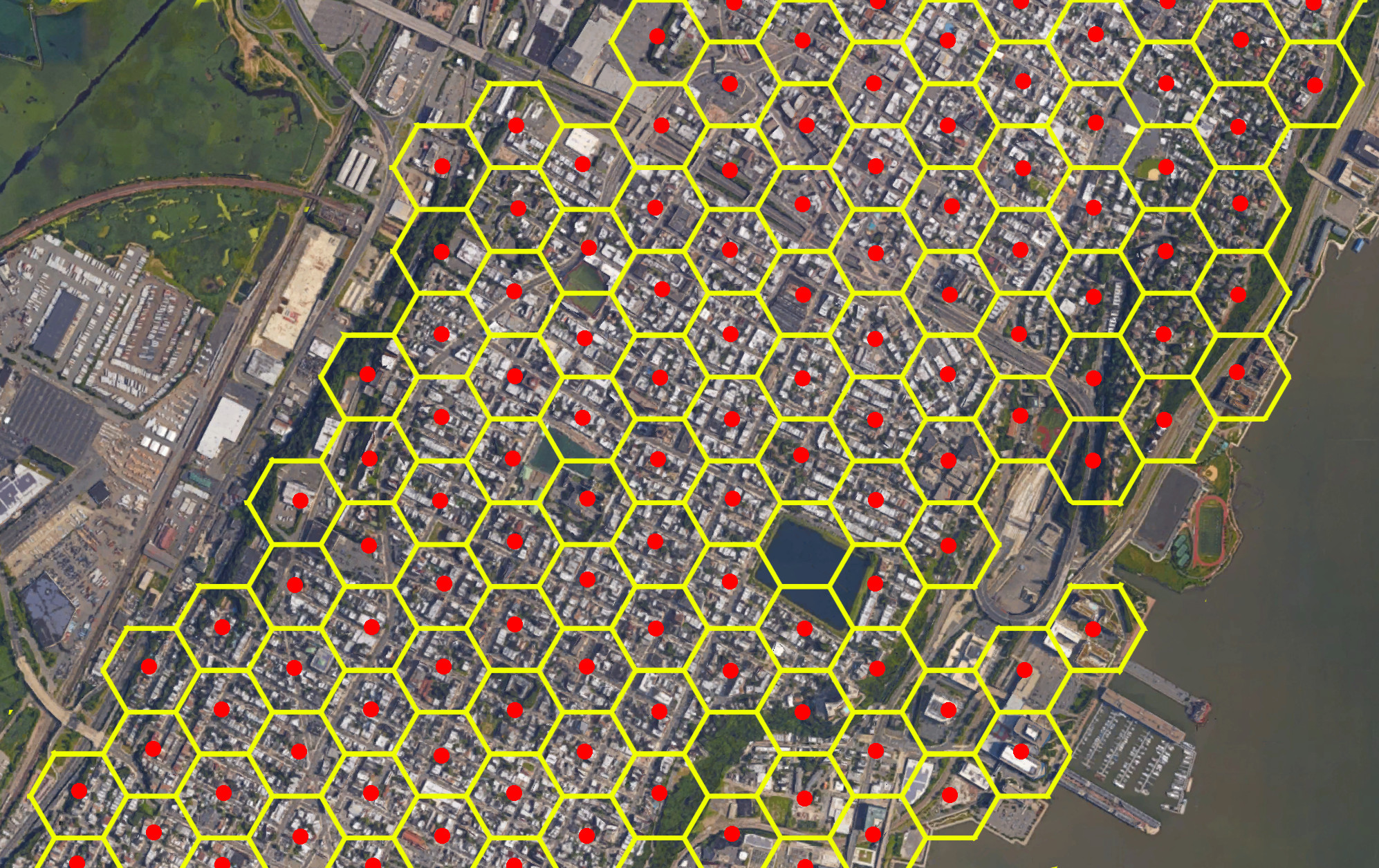 Union City, NJ and West New York, NJ with possible “parking stations” (in red) and their walk sheds (in yellow), so that no point is more than 400 feet away from one. ( Map )
