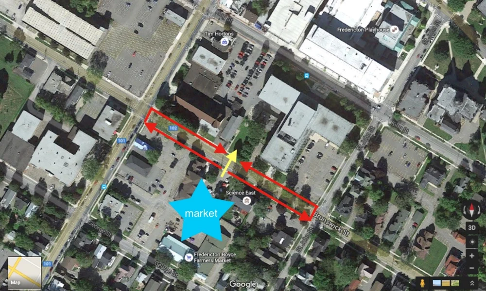 The yellow represents where people cross. The red represents the detour required to cross at a marked crossing.