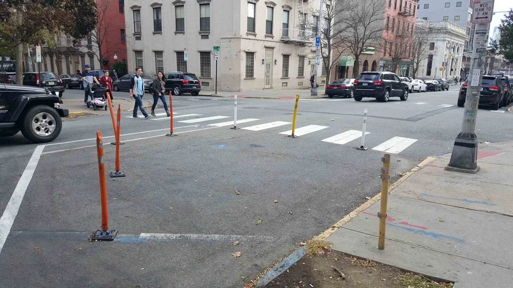 A temporary crosswalk bump out in Hoboken.