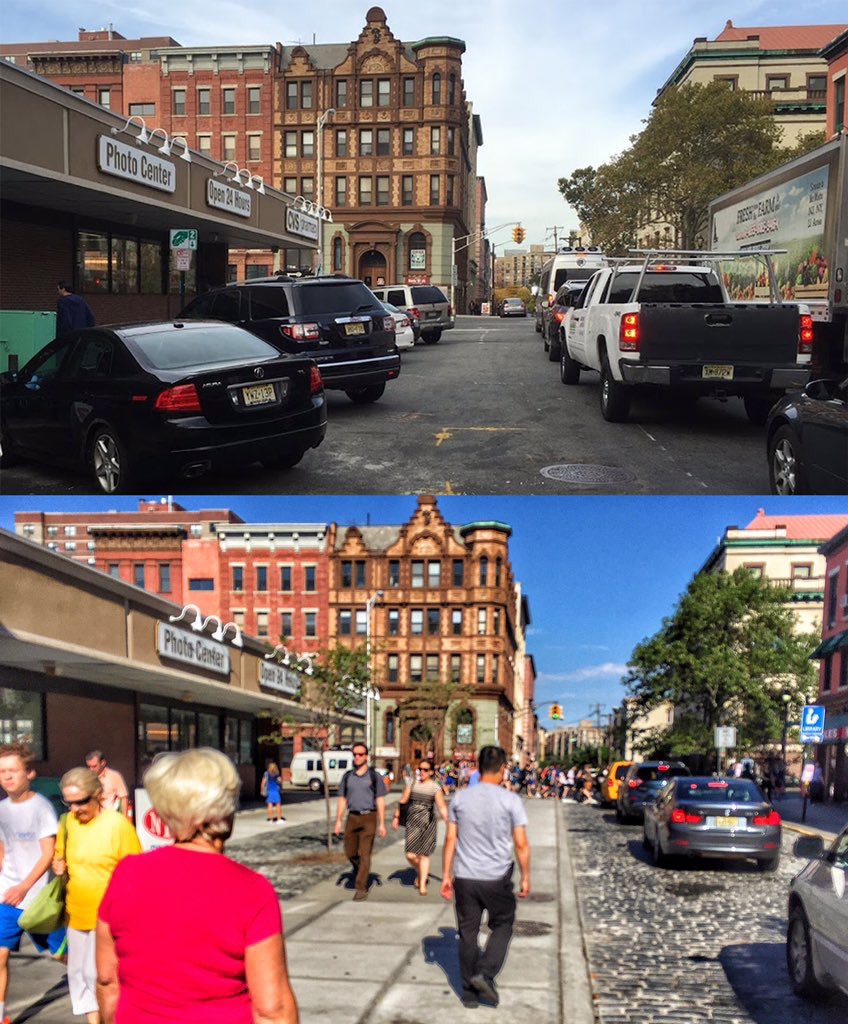 On street parking was turned into a sidewalk (which now has tables and chairs that are not shown above), and the asphalt was repaved in Belgian blocks.