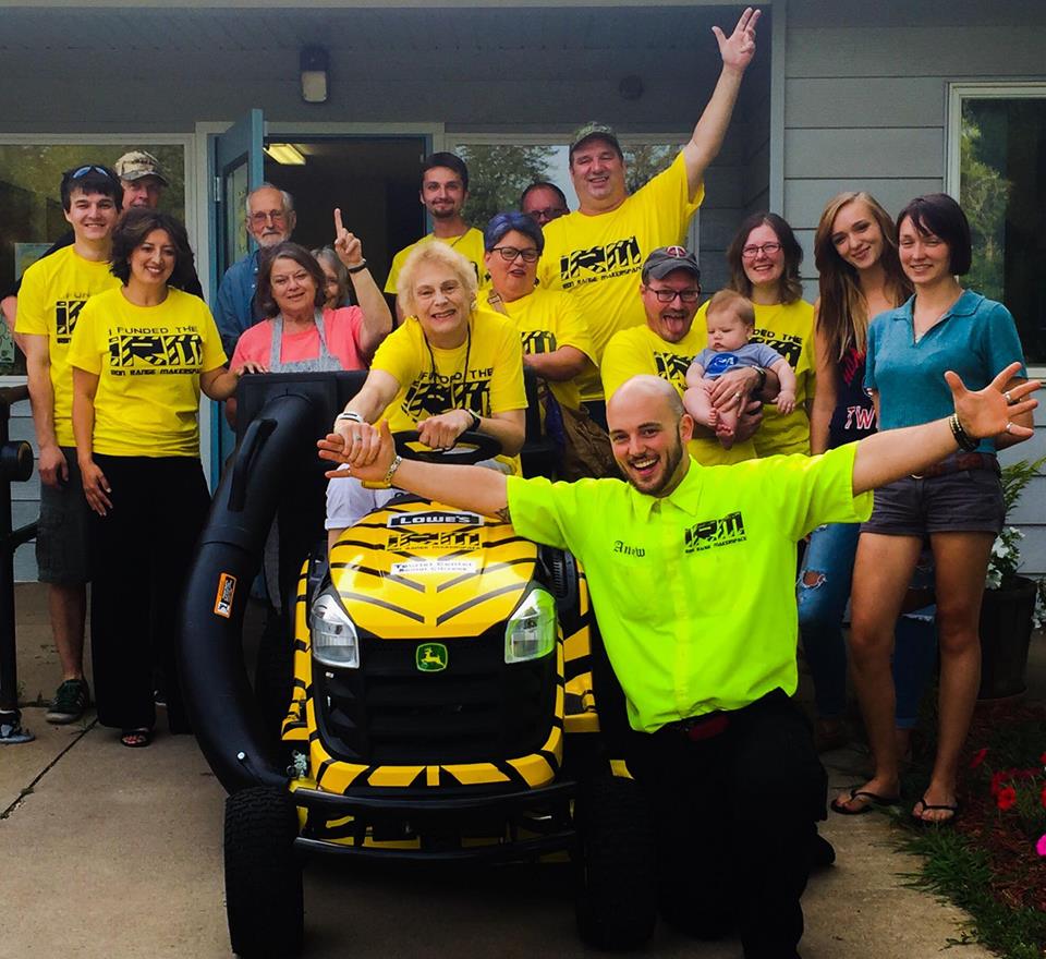 Photo from Iron Range Makerspace's Facebook page . Andrew is front and center, in the neon green shirt.