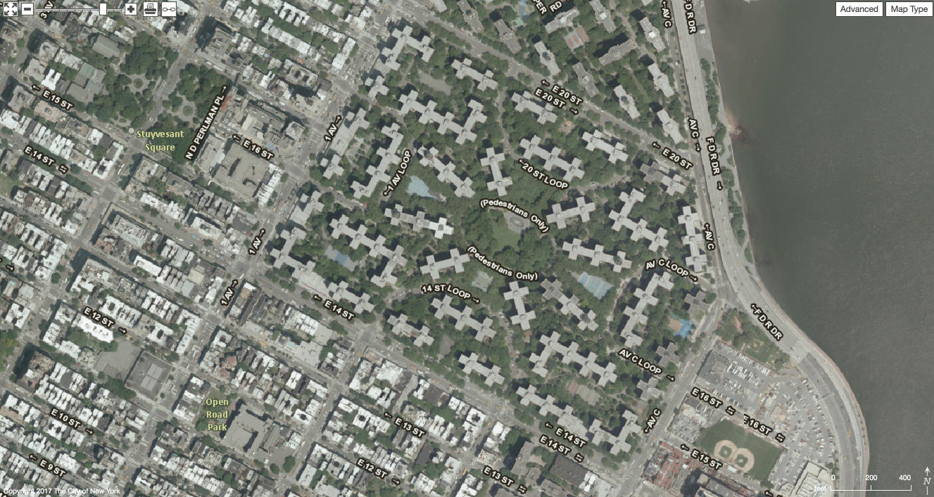 The same location in 2012, you can see a large part has been hollowed out for the Stuyvesant Town–Peter Cooper Village housing development. ( Source. )