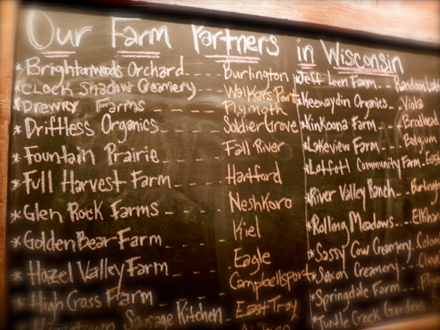 The frequently updated chalk board listing local suppliers for Braise Restaurant in Milwaukee (Photo from motherofalltrips )