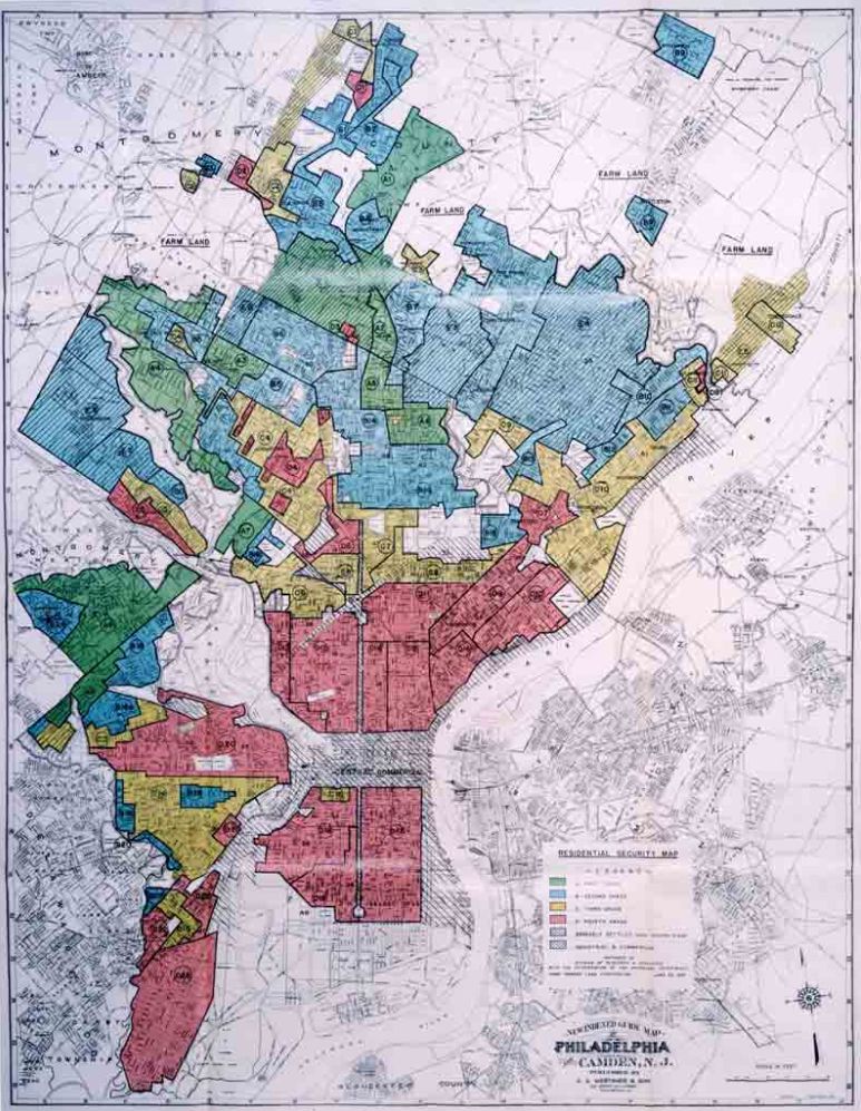 A HOLC (Home Owners' Loan Corporation) redlining map of Philadelphia, adopted by the FHA in the 1930s. Source: Wikimedia Commons. 