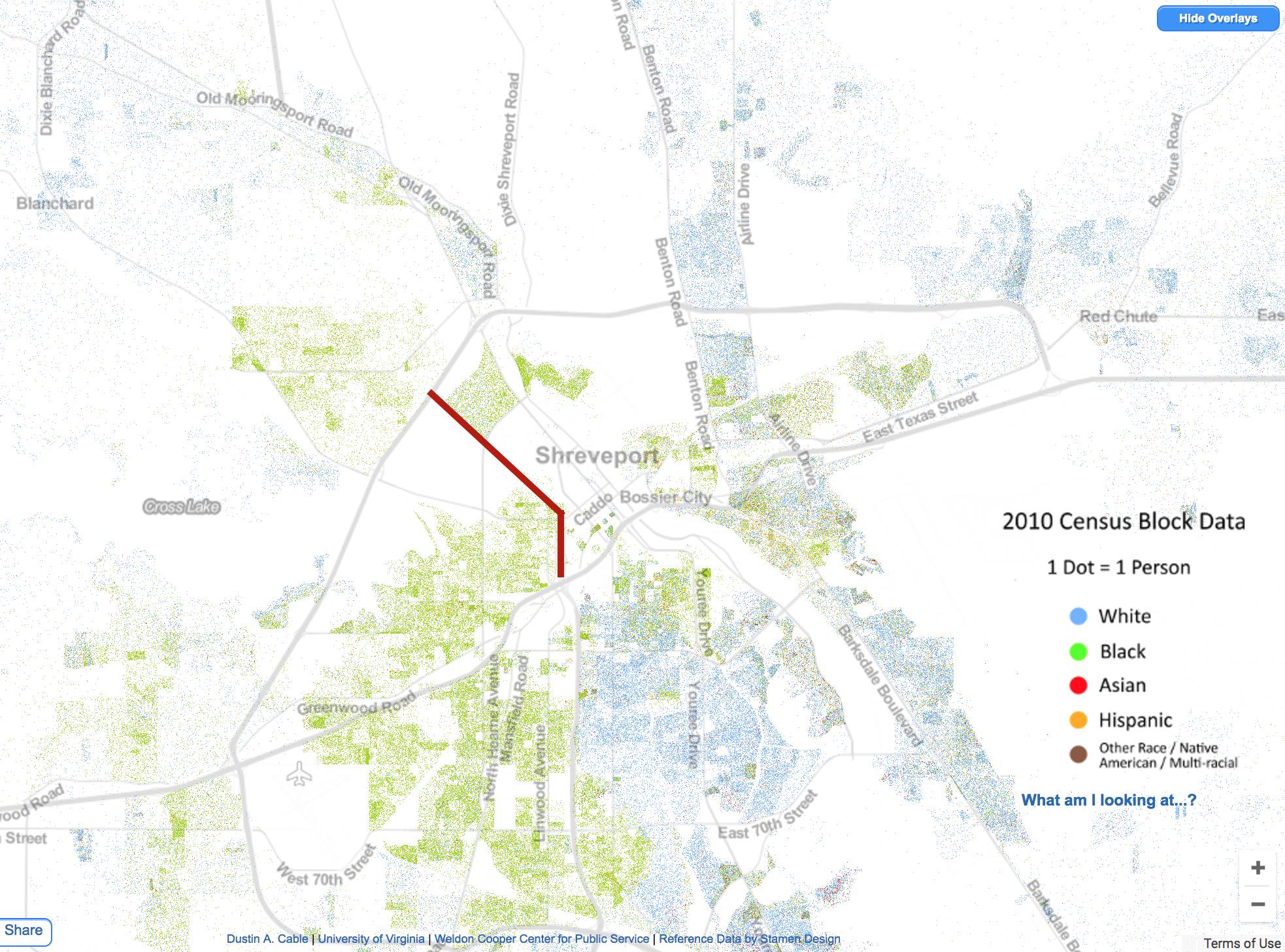 Source: University of Virginia interactive racial dot map, data from 2010 U.S. Census. Map modified by author.