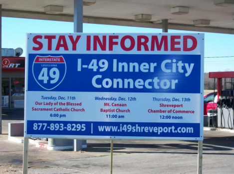 An advertisement for a public meeting about the I-49 connector. (Image from I-49 round two community input meeting summary .)