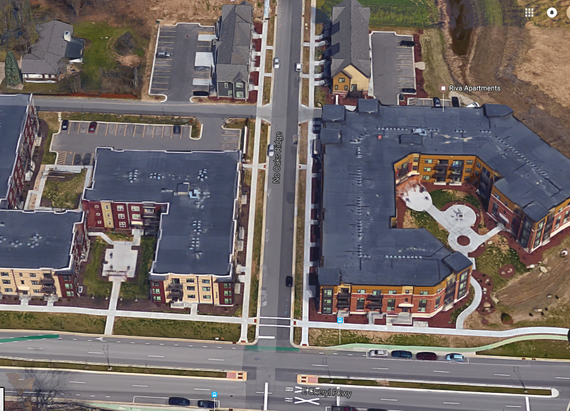 No Oaks Ridge, the first SmartCode thoroughfare in Fitchburg, showing T5 and T4 development and the East Cheryl Pkwy cycle track (green, at bottom, from Google Maps)